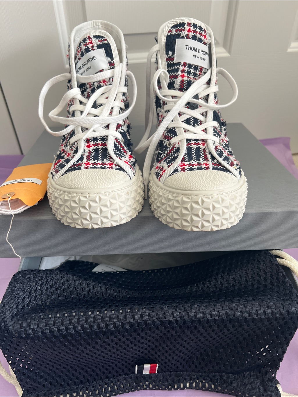 Thom Browne Tartan High-Top Sneakers In Navy, Red, And White Tweed Eu W 39